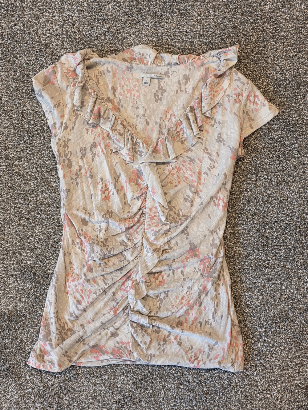 Halogen Beige Floral Ruffle V-Neck Top